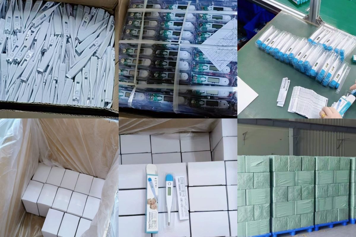 Mass production of digital clinical thermometer, semi-finished parts, finished packaged thermometers and bulk warehouse stock for wholesale supply from Ekoark Health medical factory